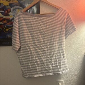 SHEIN Gray and White Striped Short Sleeve Top